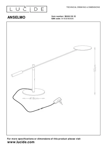 Lucide ANSELMO - Schreibtischlampe - LED Dim. - 1x9W 3000K - Chrom Matt - technisch
